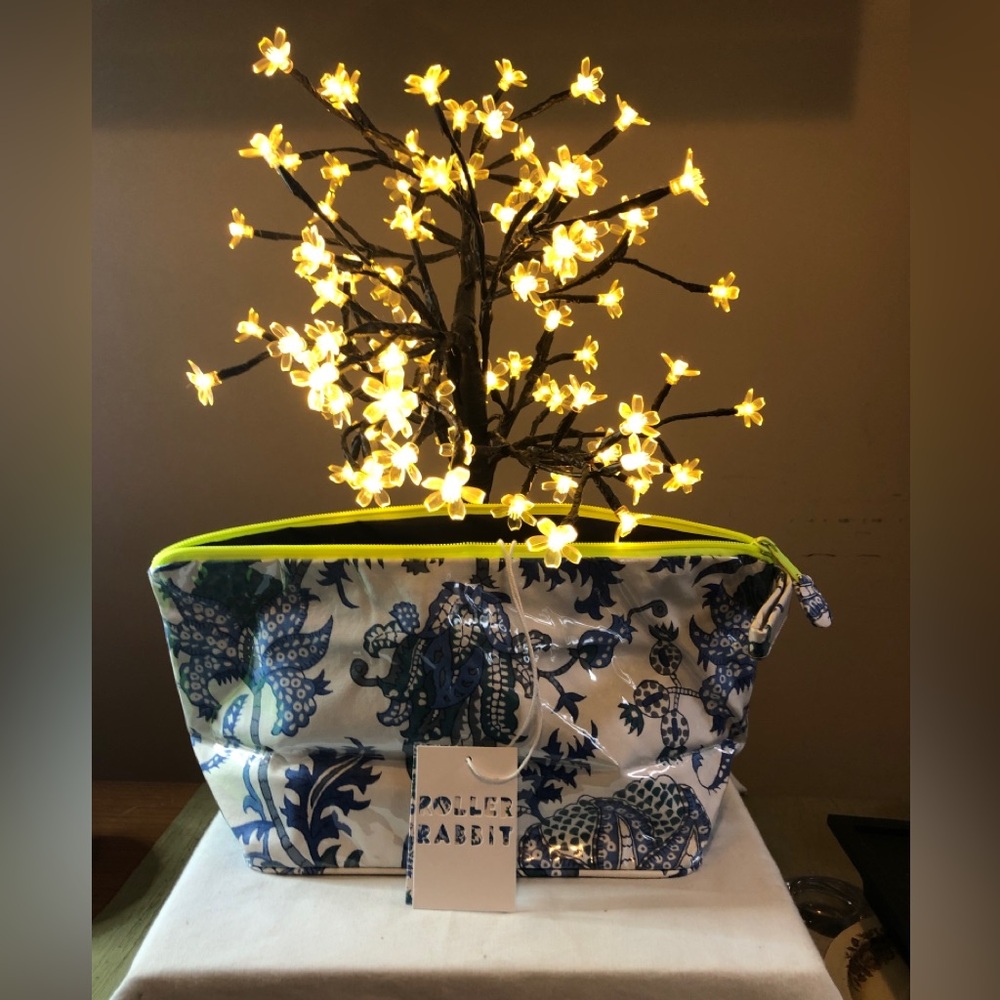 Roberta Roller Rabbit Blue and White Floral Cosmetic Bag with Neon Yellow Trim